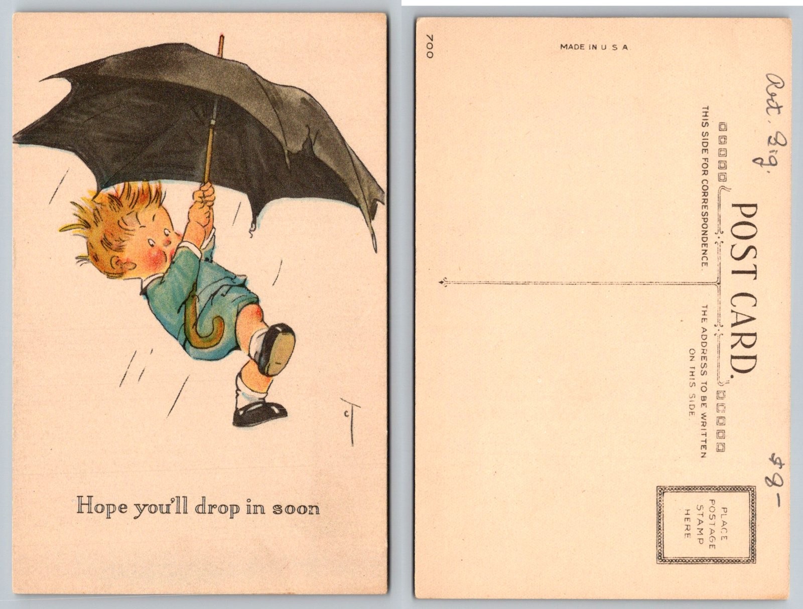 Standard Boy with Umbrella Comic Greeting Postcard