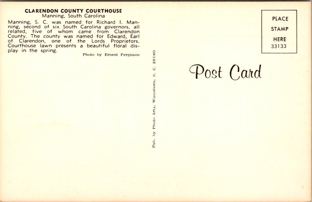 Clarendon County Courthouse-Manning, South Carolina-Vintage Chrome Postcard
