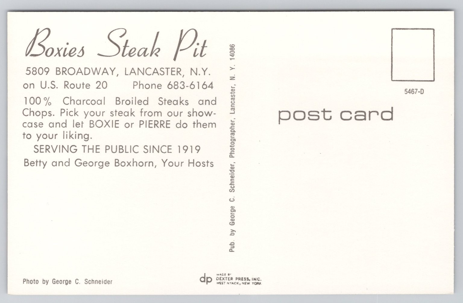 Boxies Steak Pit Lancaster NY Postcard – German Band & Chefs – Dexter Press