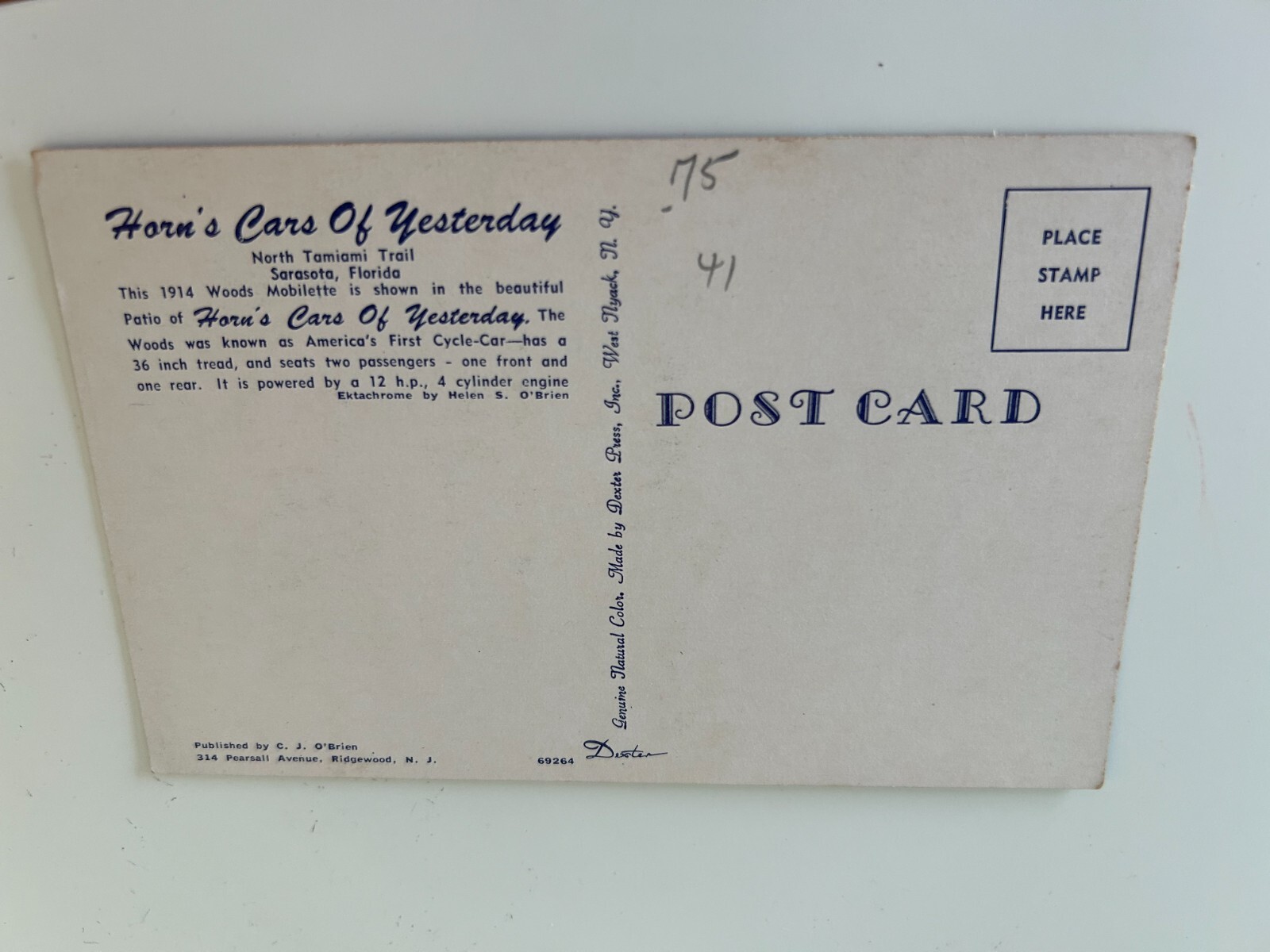 Horn’s Cars of Yesterday Sarasota Florida 1914 Woods Mobilette Postcard