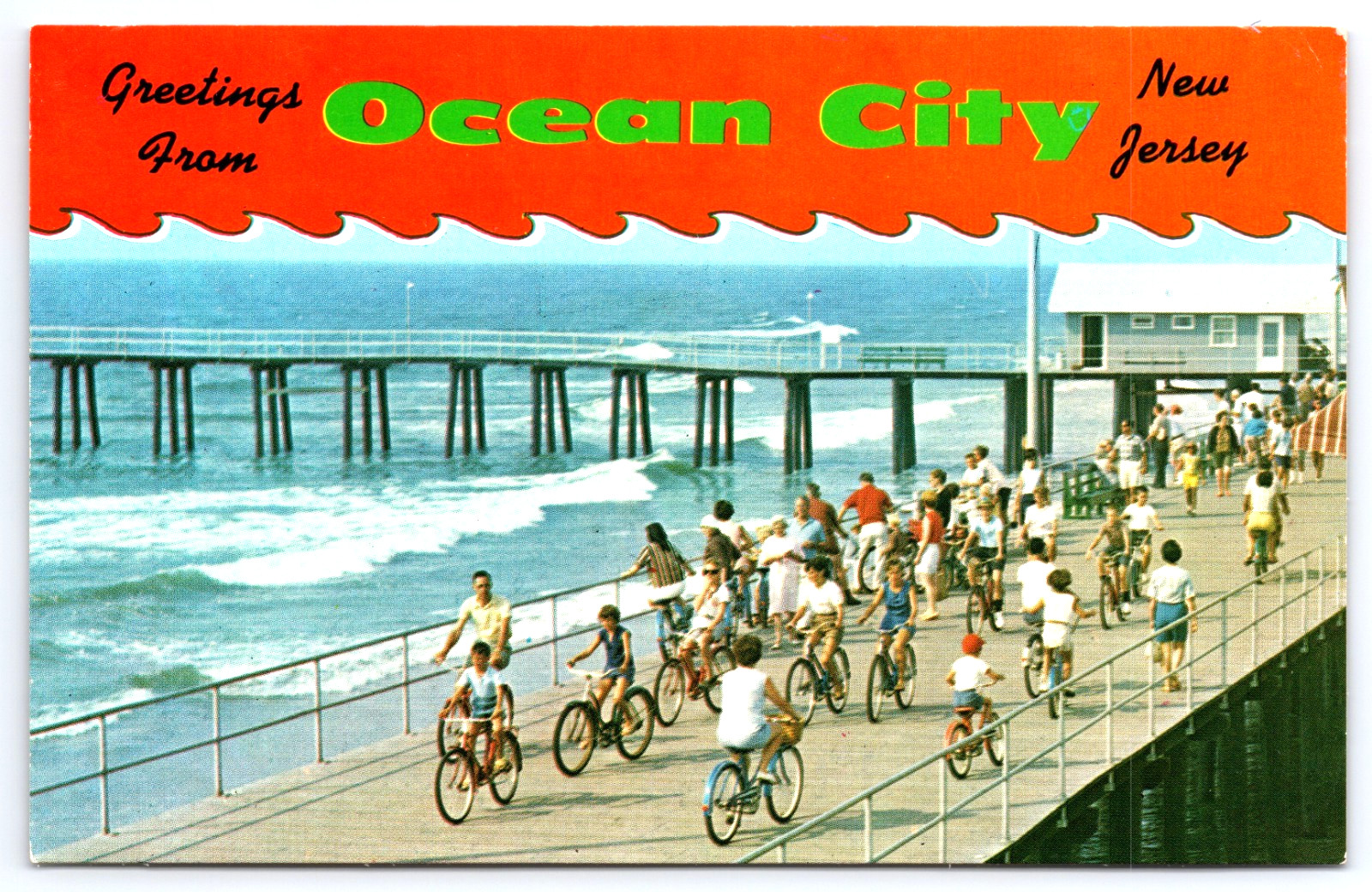 Ocean City New Jersey NJ People Riding Bikes On Boardwalk Vintage Photo Postcard