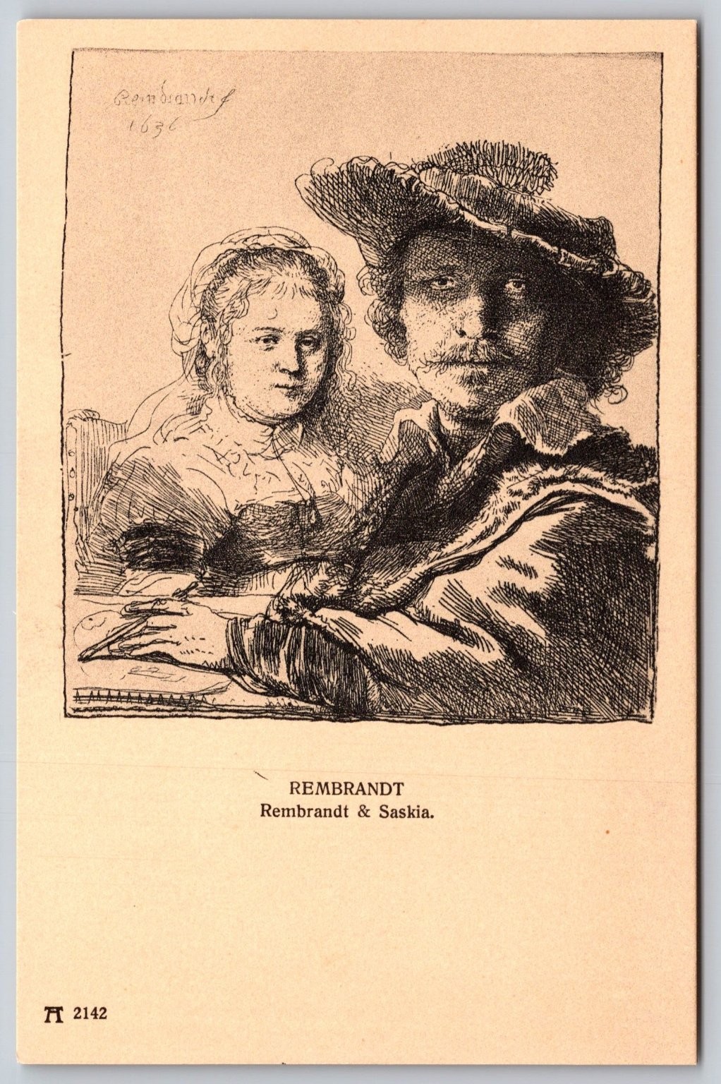 Rembrandt & Saskia Etching Art Postcard F A Ackermann’s Kunstverlag Munich F412