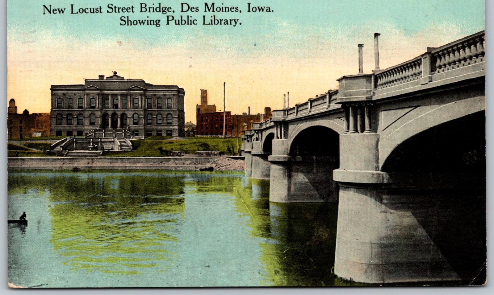 c1913 Locust Street Bridge Showing Public Library DES MOINES IA ANTIQUE Postcard