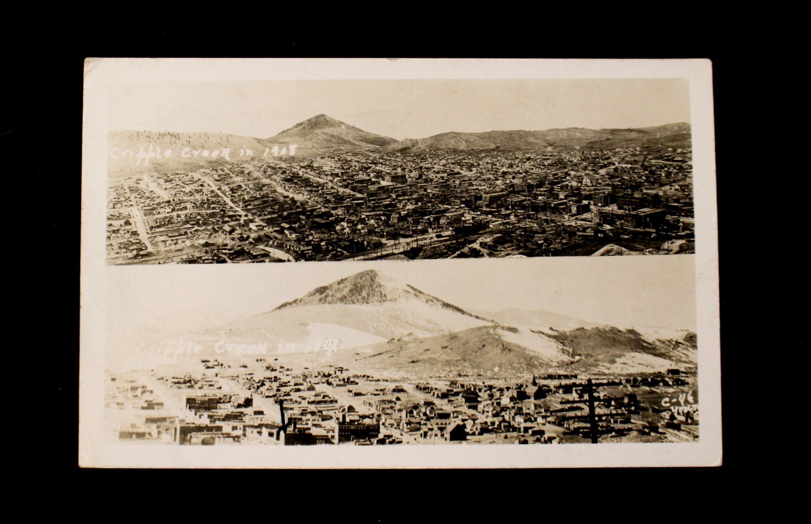 VTG 1946 POSTCARD “AERIAL VIEW CRIPPLE CREEK 1908 & 1941 COMPARISON” COLORADO