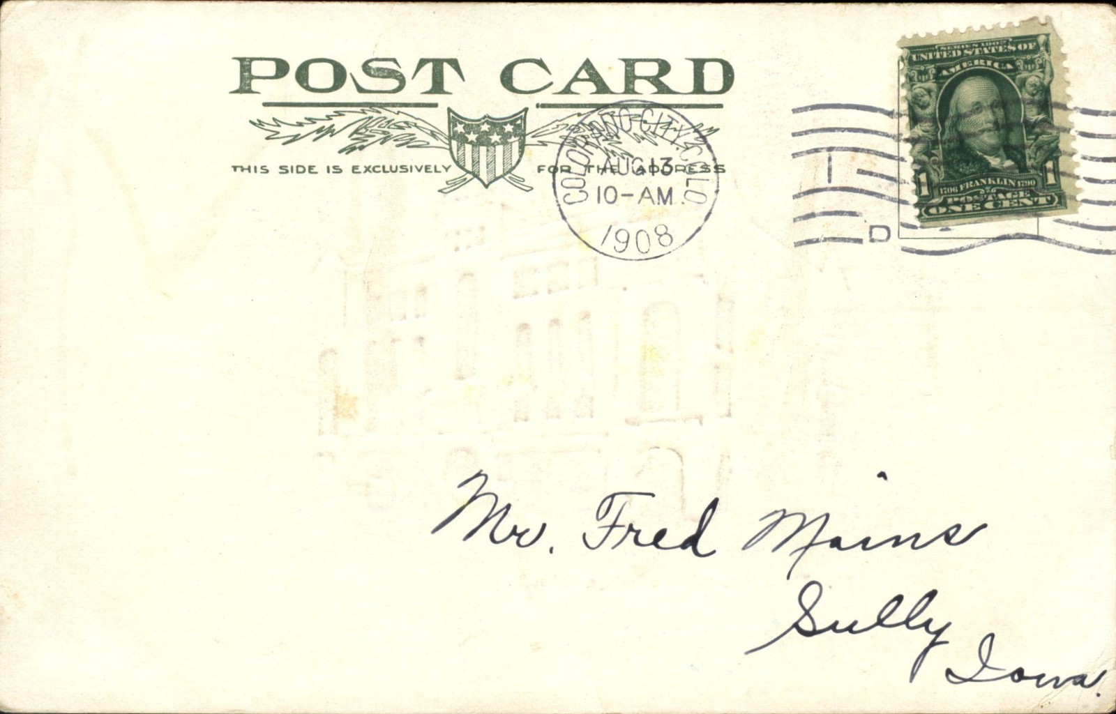 The Alamo ~ Colorado Springs CO ~ embossed UDB 1908 to Fred Mains SULLY IA