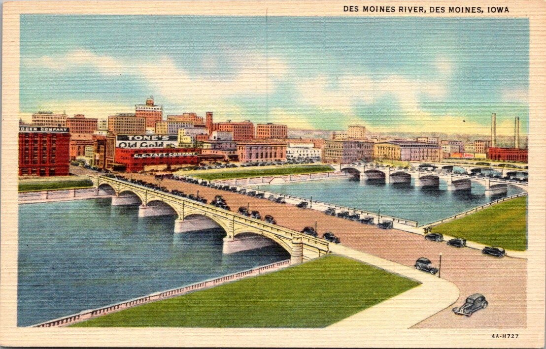 Des Moines IA Des Moines River 1930s Street View Linen Postcard