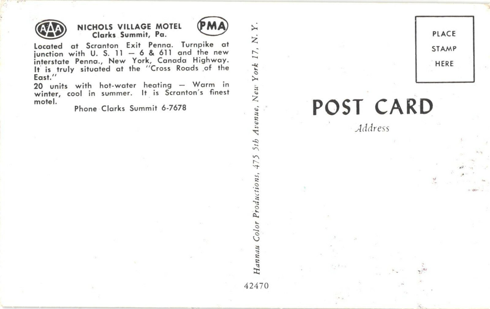 Clarks Summit PA Nichols Village Motel US-11 Chrome Postcard Unused