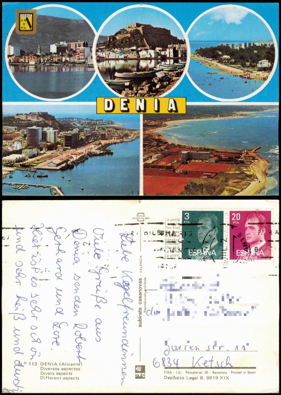 Postale Dénia Denia multi-picture city and aerial view 1978