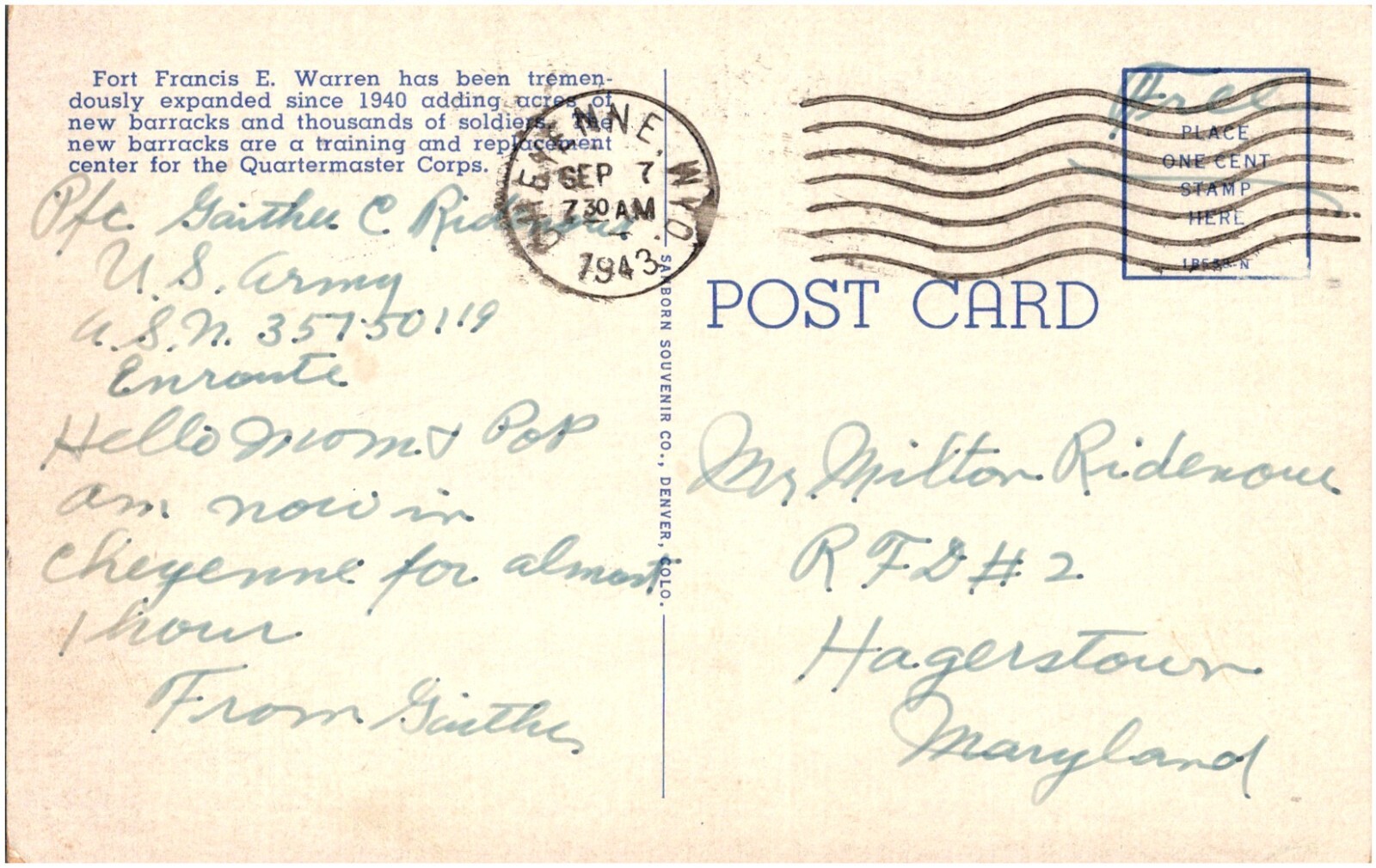 Street & Barracks Replacement Center Fort Francis E. Warren Cheyenne WY Postcard