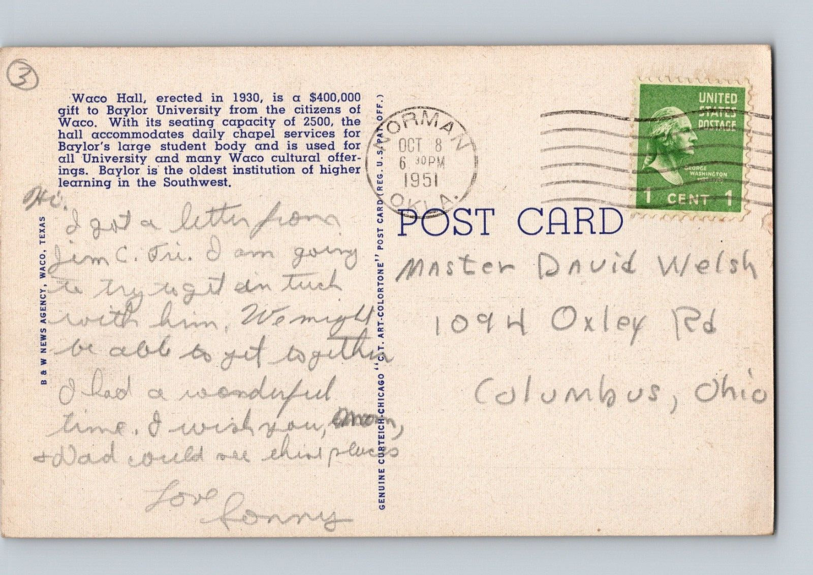 Vintage Postcard 1951 Waco Hall Baylor University waco Texas