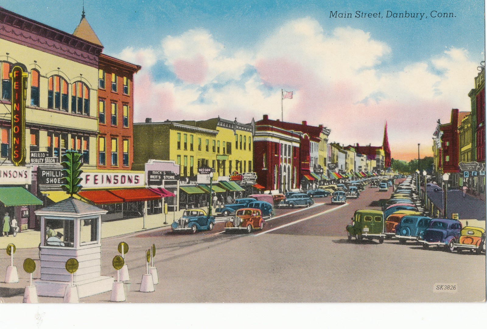 CT Danbury – Main Street – Vintage Automobiles – Feinson’s – postcard