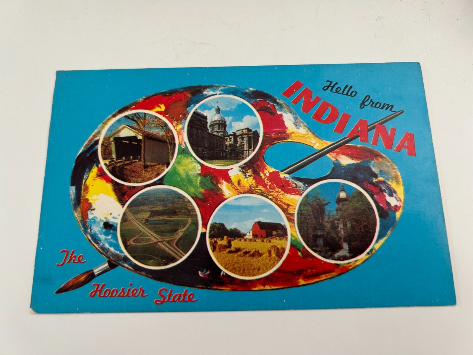 Greetings Hello from Indiana Artist’s Paint Palette Postcard