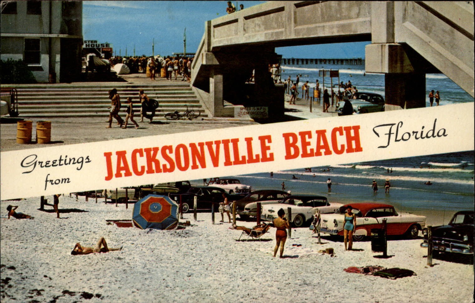 Jacksonville Beach Florida 1950s cars swimwear mailed 1962 vintage postcard