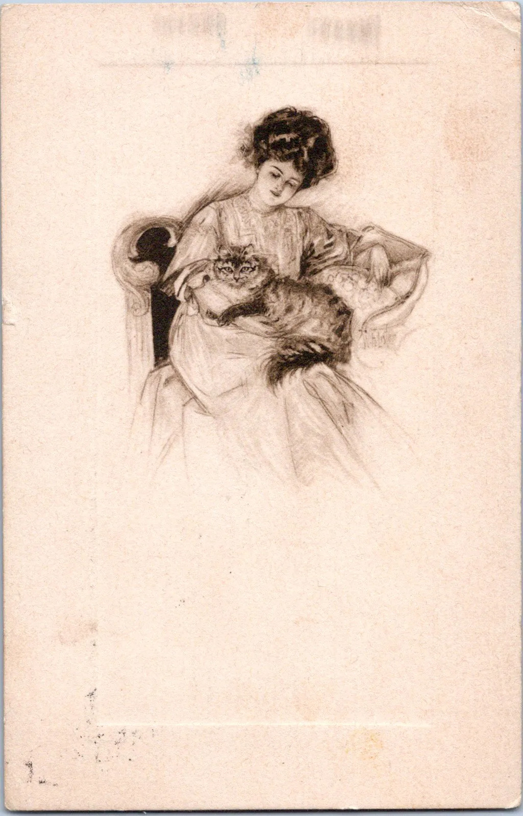 Woman With Cat Ark. PM 1909 Postcard
