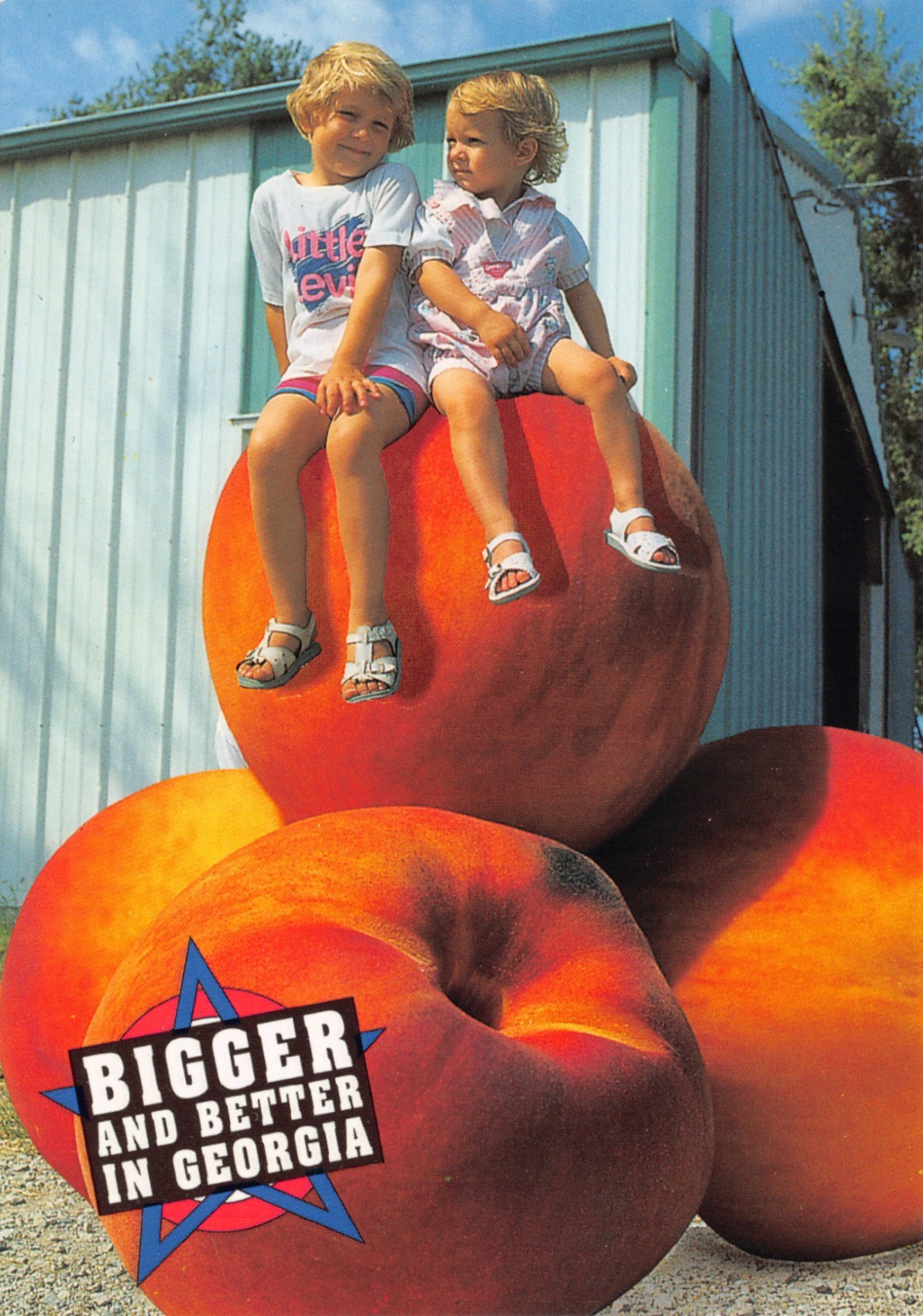 GA~GEORGIA~CHILDREN SITTING ON EXAGGERATED PEACHES~BIGGER & BETTER~CONTINENTAL