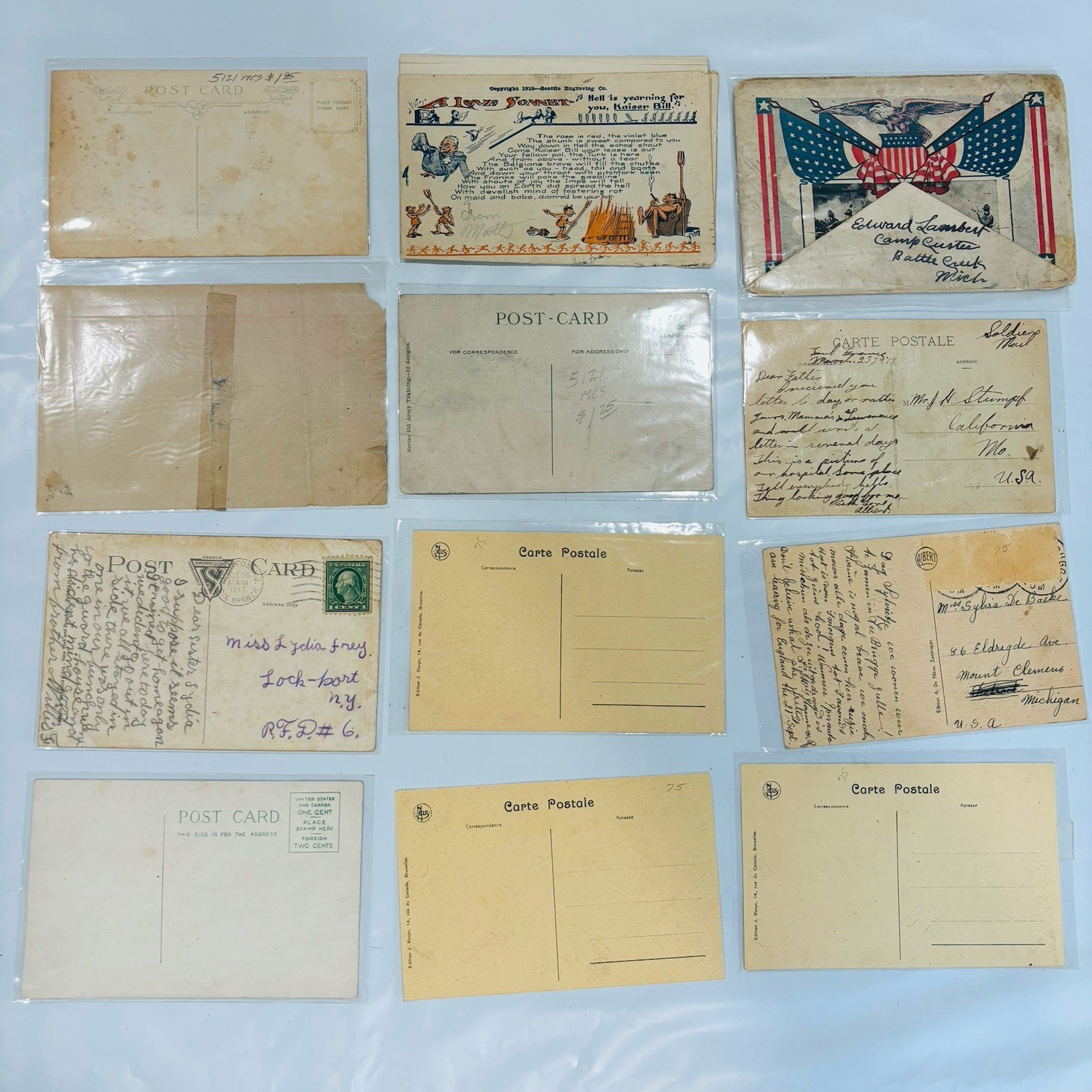 Lot of Antique WWI Era Postcard Collection & Folder US Army Military Used Unused