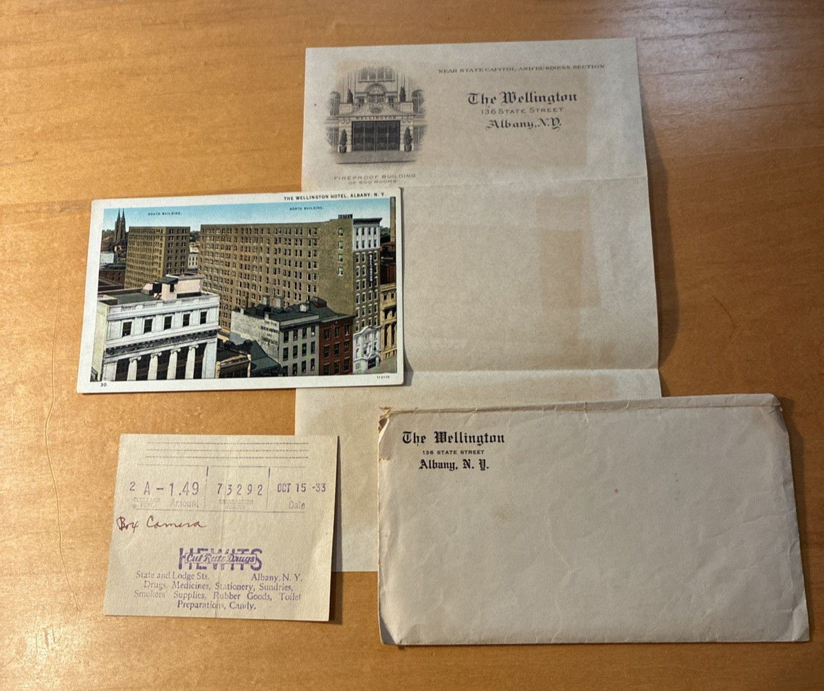 Albany, NY The Wellington Hotel Vintage Postcard + Stationery & Envelope 1933