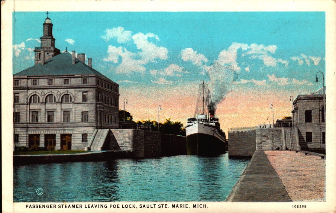 Vintage Postcard Passenger Steamer Leaving Poe Lock Sault Ste. Marie MI 1928