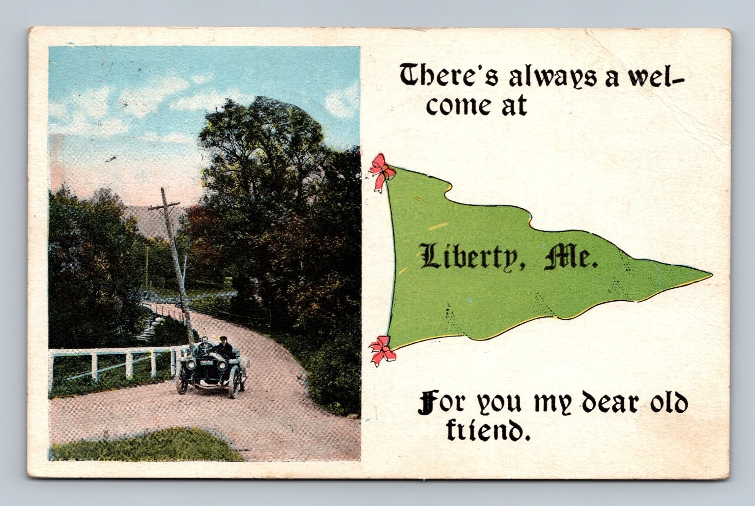 Vintage Postcard Liberty Maine Scenic Road with Early Auto 1921