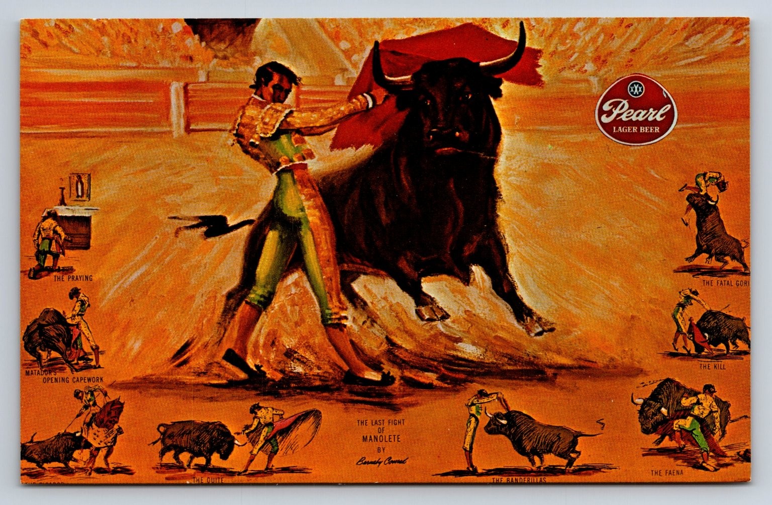 Vintage Pearl Lager Beer Manolete Bullfight Art Postcard San Antonio TX
