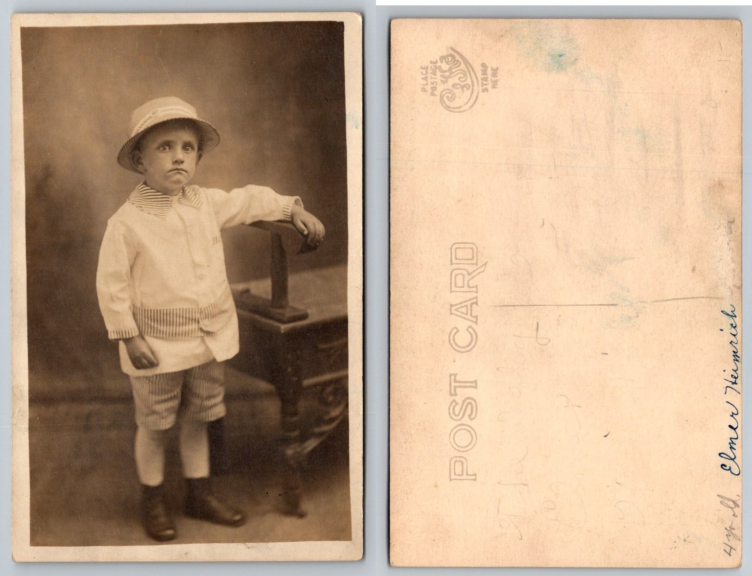 RPPC Photo Boy Elmer Heimrich Straw Hat Striped Outfit Studio Portrait Postcard