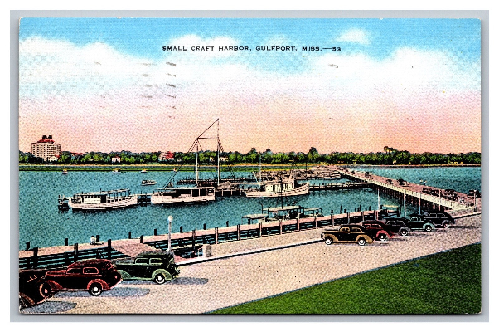 Gulfport MS Mississippi Small Craft Harbor Boats Cars Linen Posted 1941 Postcard