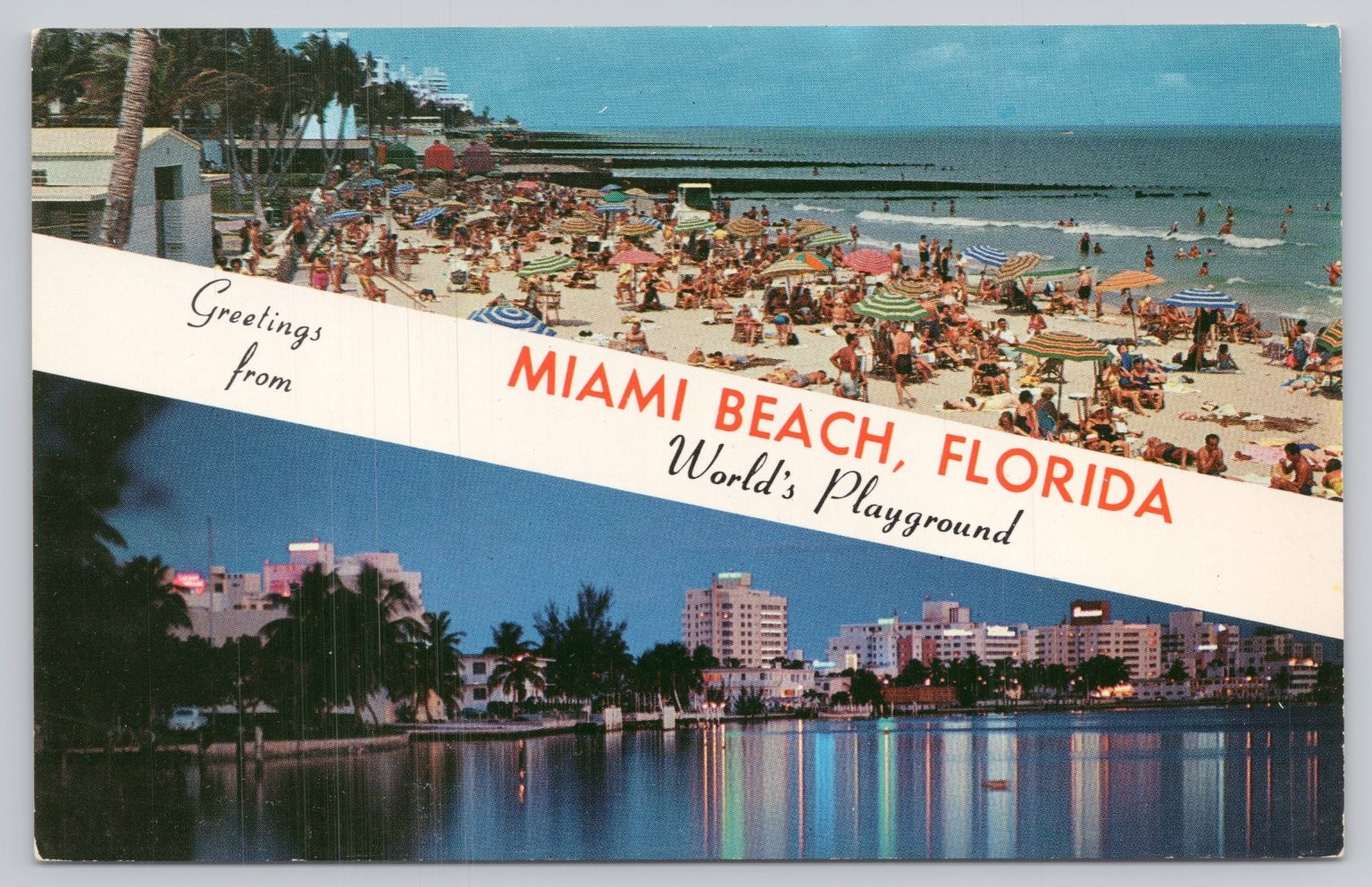 Vintage Miami Beach Florida Postcard World’s Playground Day Night Scene
