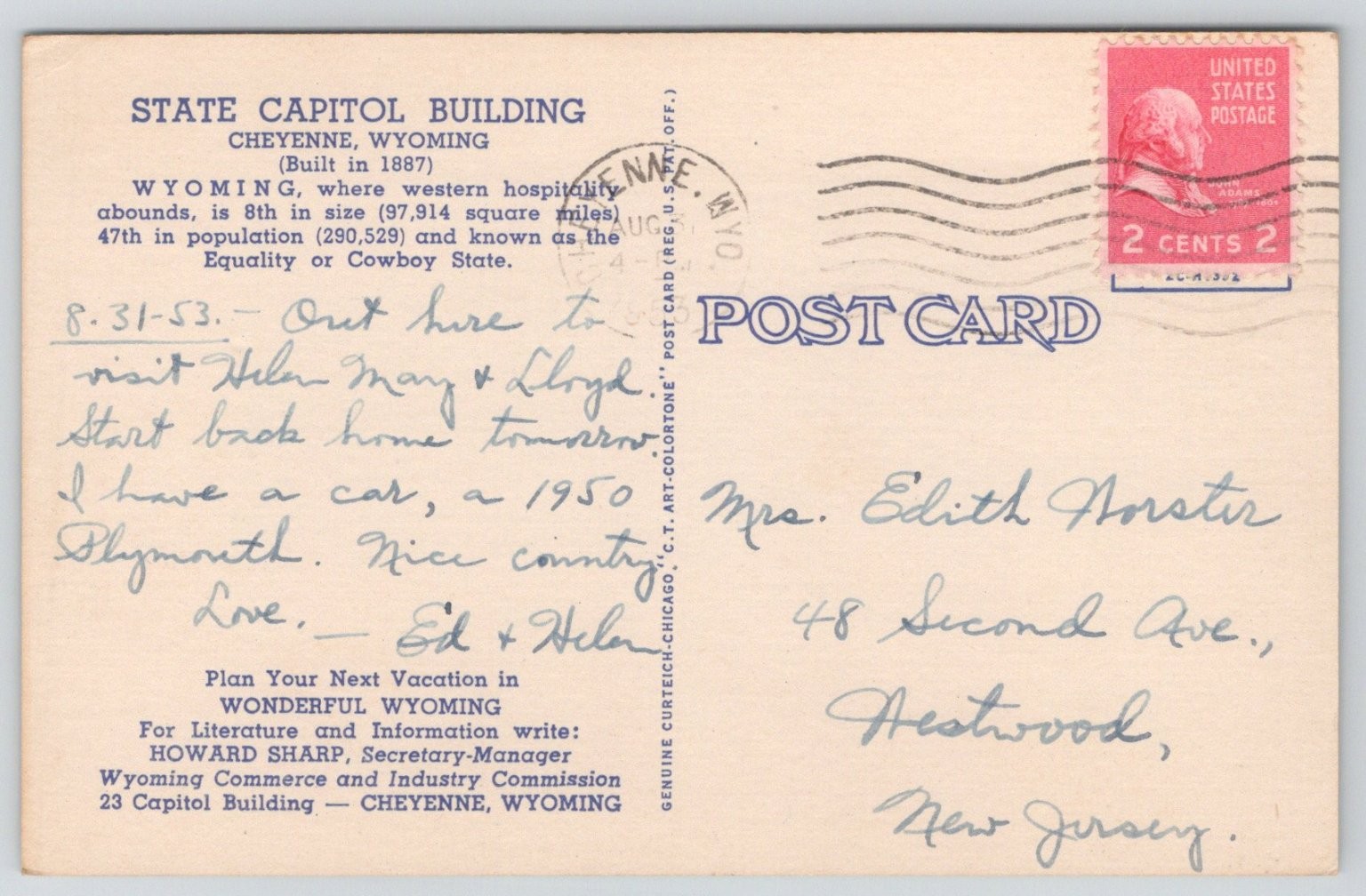 1953 Cheyenne Wyoming State Capitol Building Art-Colortone Postcard