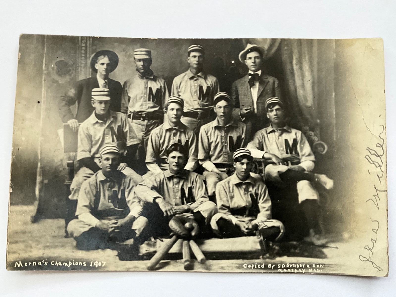 1907 Merna Nebraska Baseball Team RPPC Postcard S D Butcher Photography Kearney
