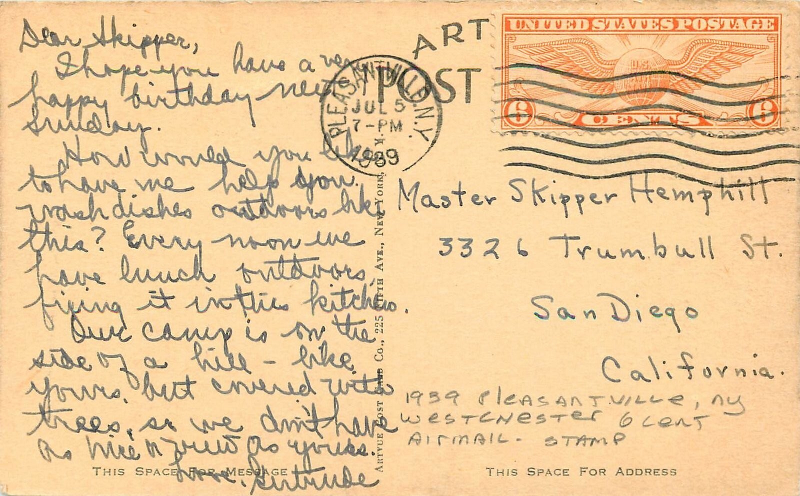 Postcard 1939 New York Pleasantville Westchester 6 cent airmail stamp NY24-4063