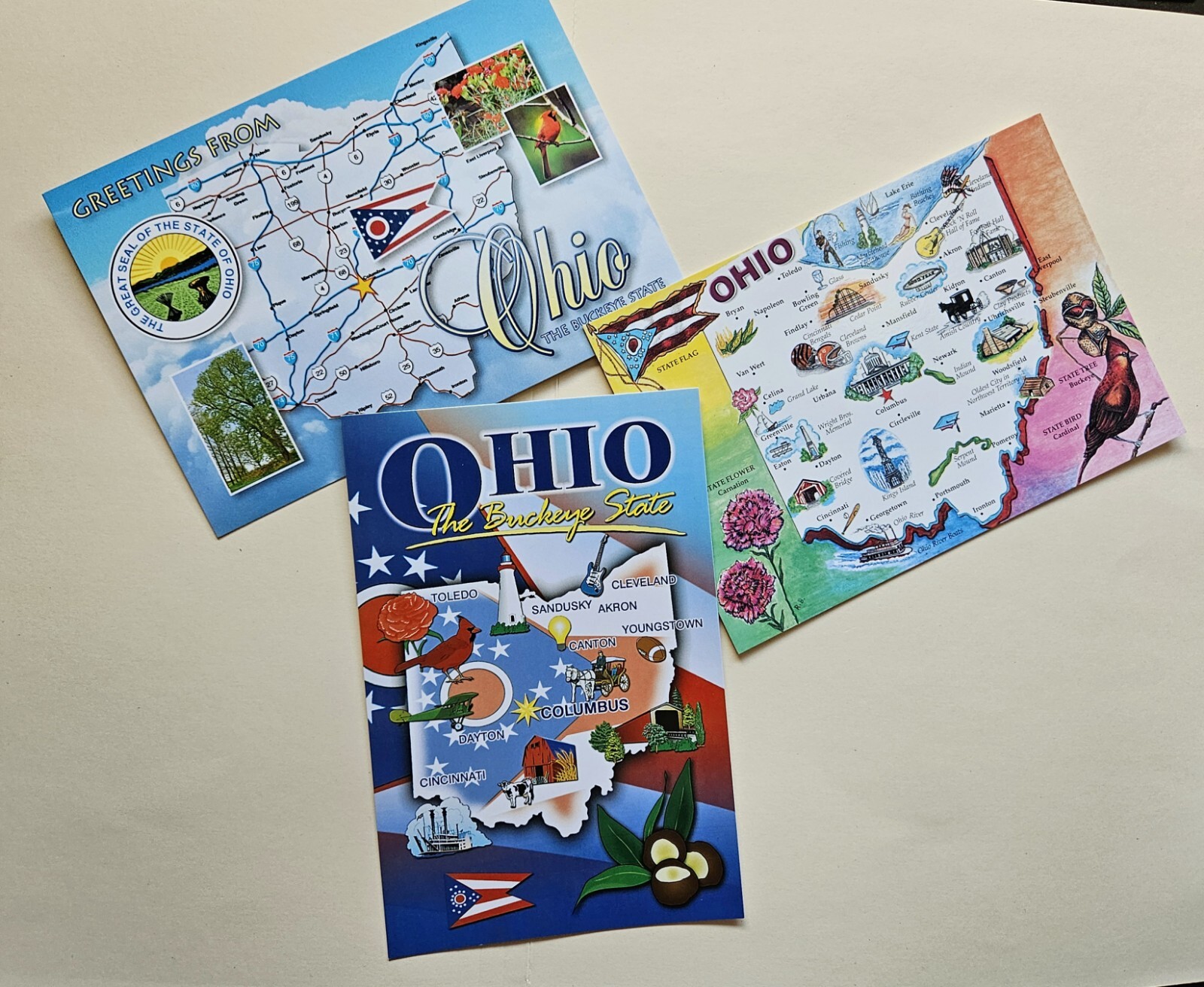 Ohio Postcards. State Maps. Lot Of 3.