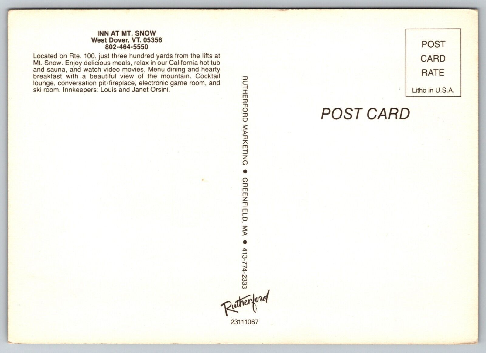 Inn At Mt. Snow West Dover Vermont Postcard Cartoon Sketch UNPOSTED Vintage