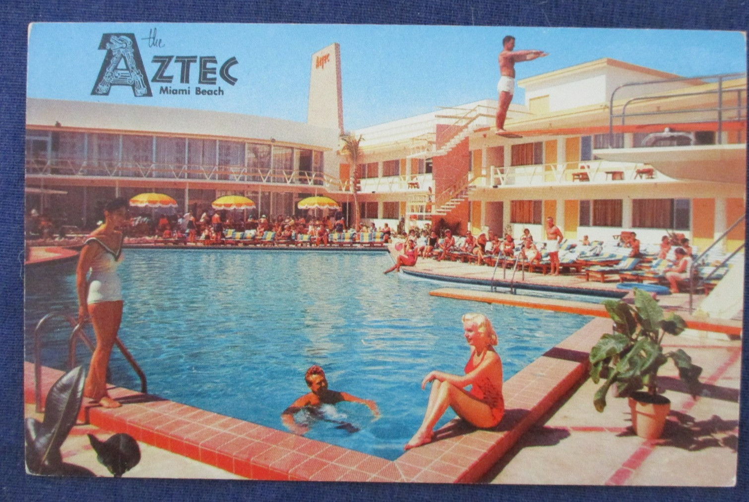 1950s Miami Beach Florida Aztec Motel SWimming Pool Postcard