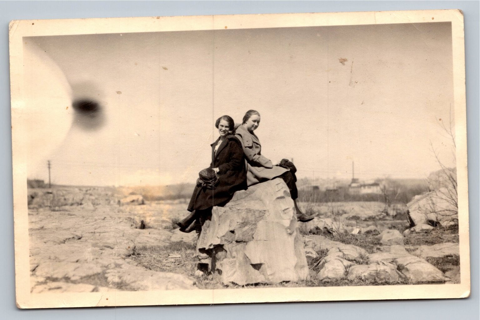 RPPC Two Women Friends Sitting on Rock Outdoor Scene Snapshot c.1930s