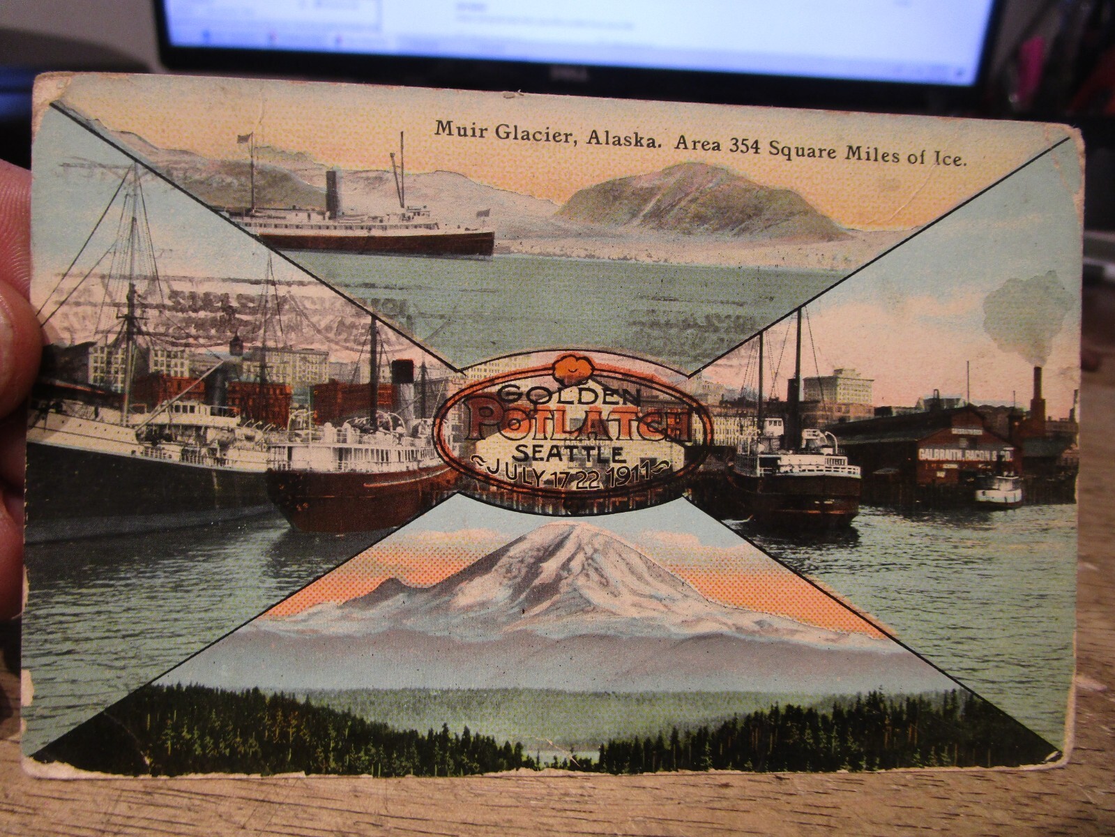 N9 ALASKA Old Postcard Muir Glacier Golden Potlach Seattle Washington Docks Boat