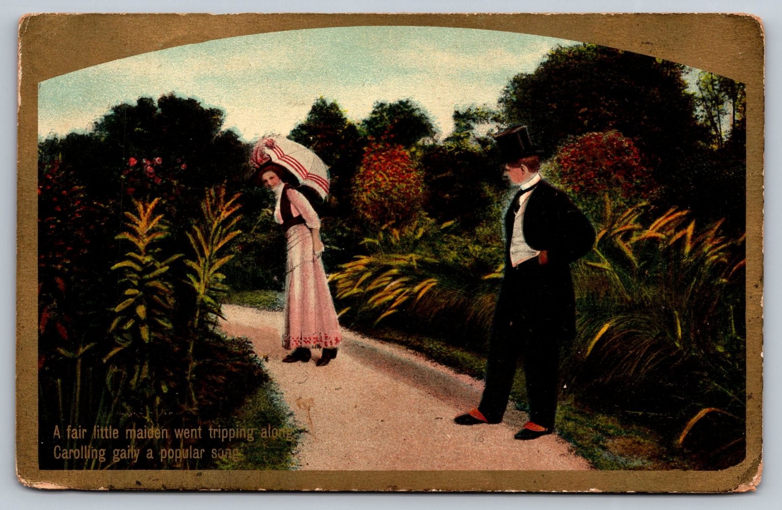 Vintage 1911 Romantic Garden Scene Postcard with Couple & Parasol
