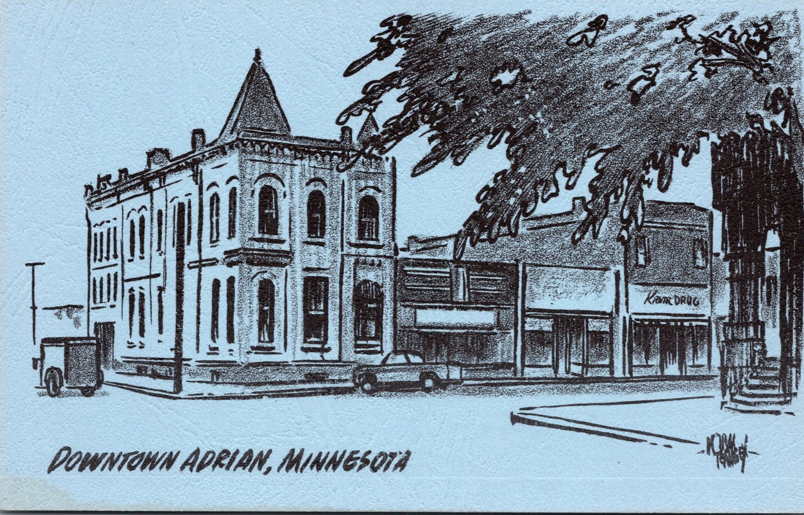 Downtown Adrian MN Postcard 1982 Norman Ramsey Unposted Linen Blue Illustration