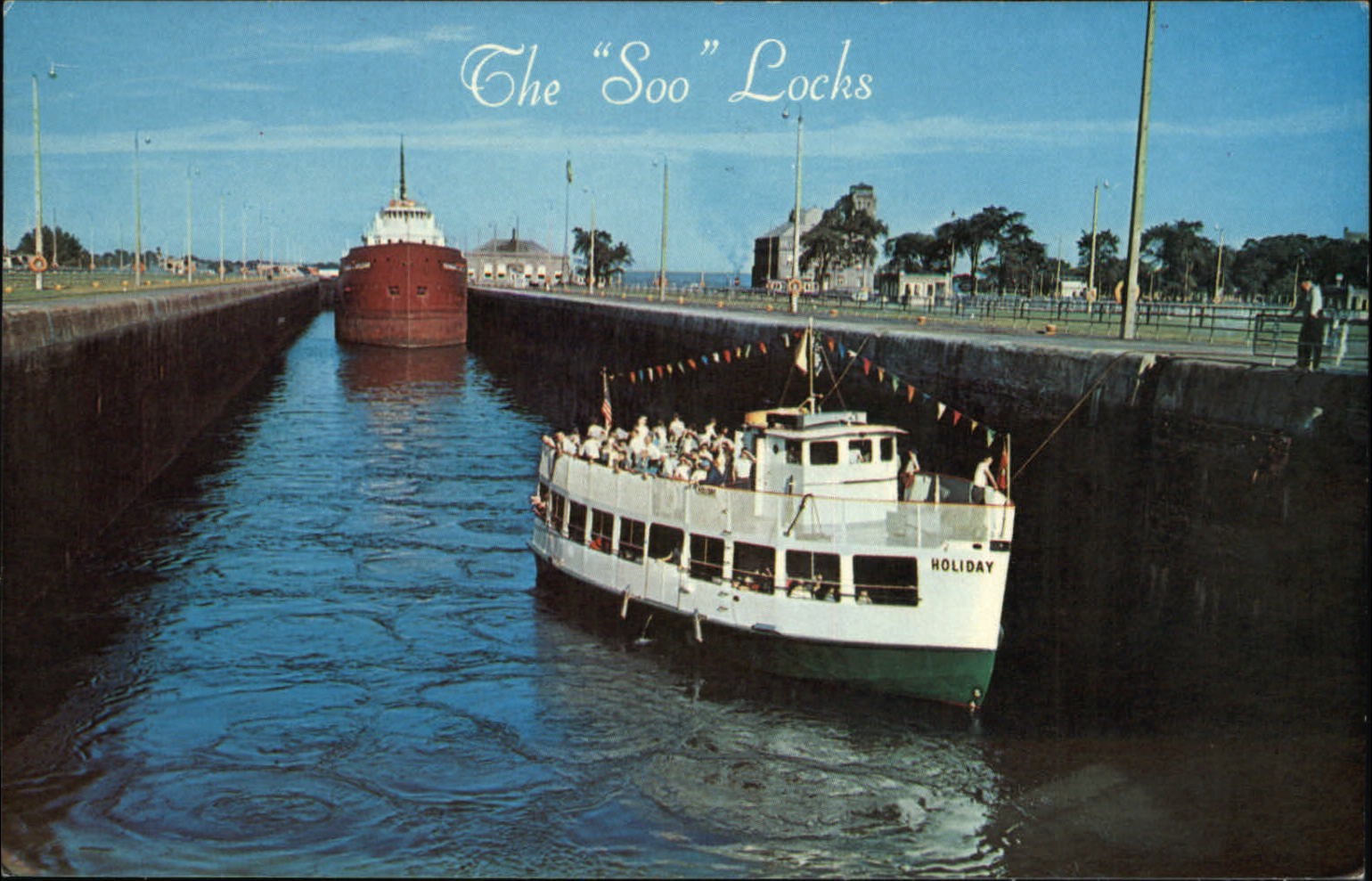 Sault Ste Marie MI Soo Locks cruise ship Holiday & freighter cargo ship postcard
