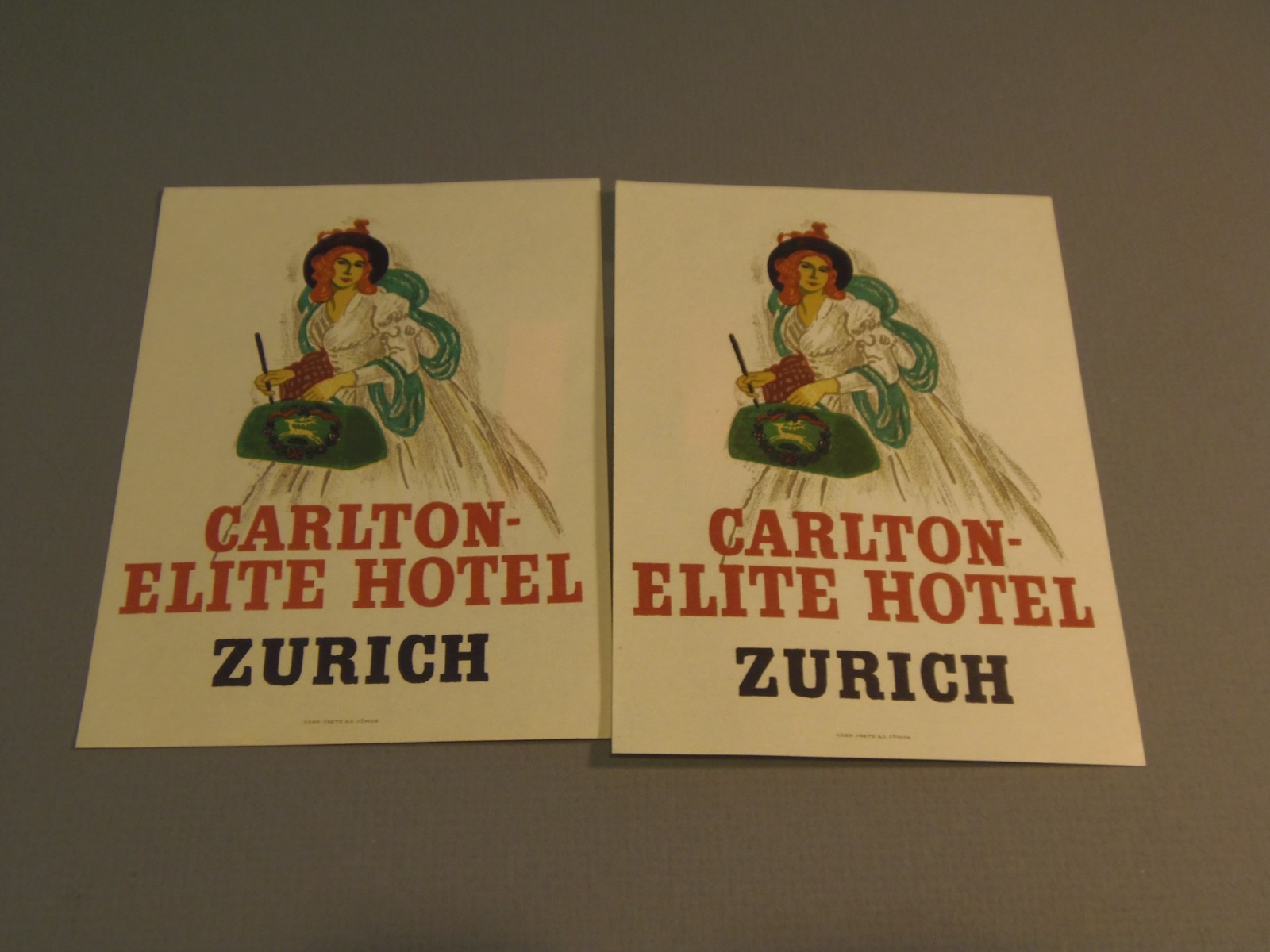 2 Carlton-Elite Hotel Zurich, Switzerland Mid-Century Travel Art Luggage Labels