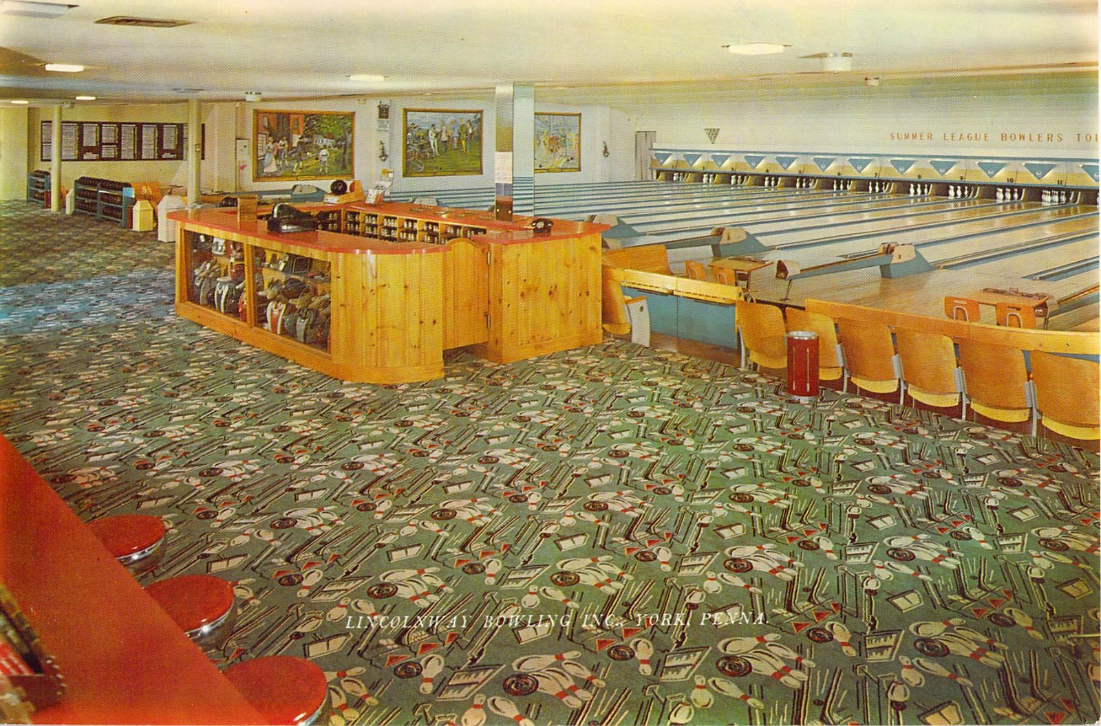 1959 PA York Lincolnway Bowling alley RARE carpet unique 6×9 Giant Postcard
