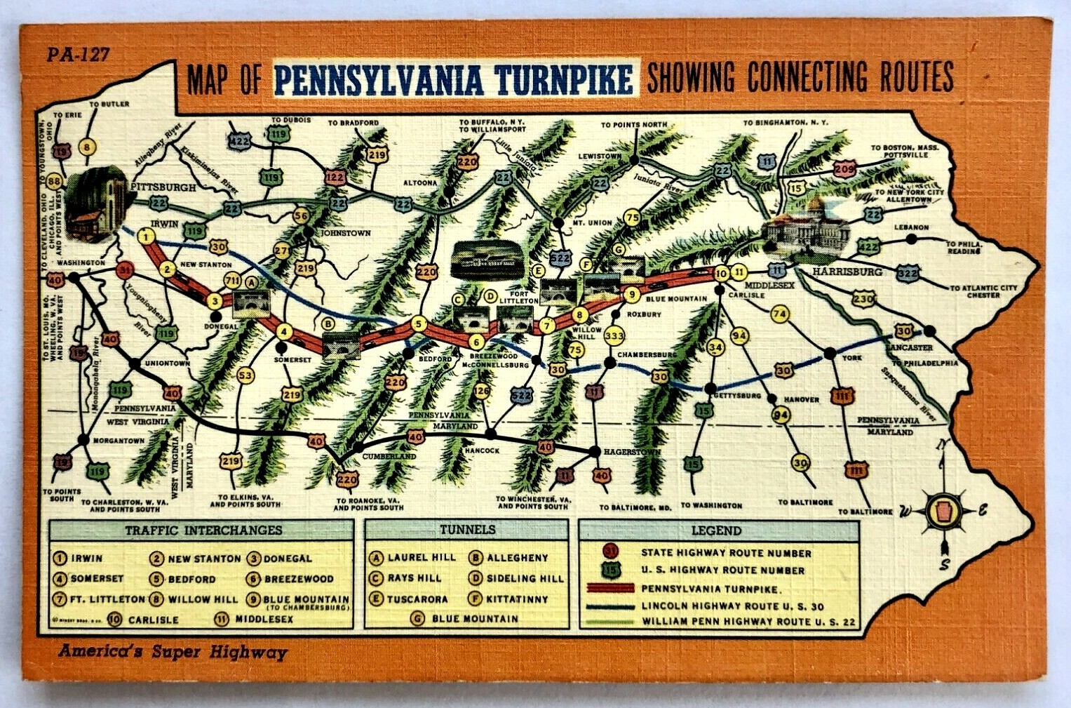 1941 Pennsylvania Turnpike Map Standard Oil Howard Johnson Linen Postcard Vtg