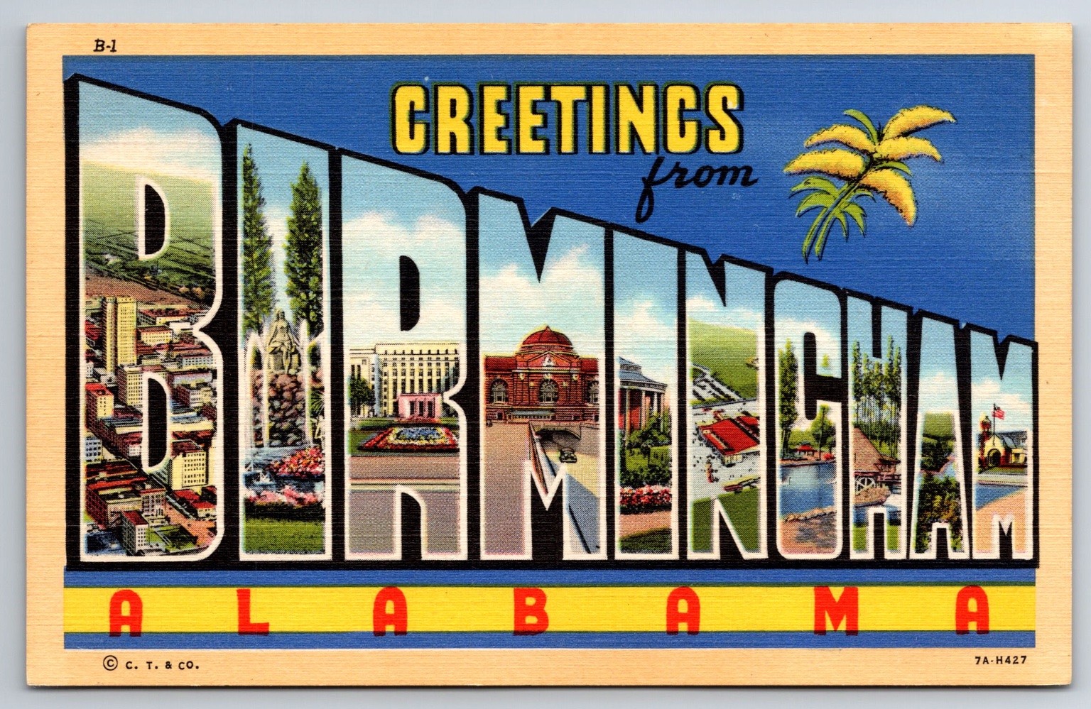 Large Letter Greetings From Birmingham Alabama – 1937 Linen Postcard