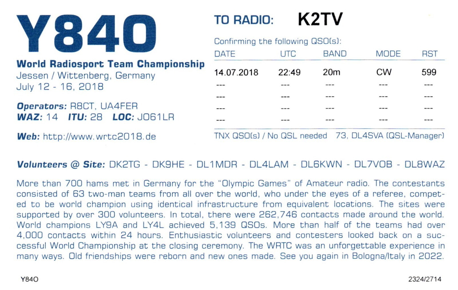 2018 WRTC Wittenberg Germany Y840 QSL Radio Postcard