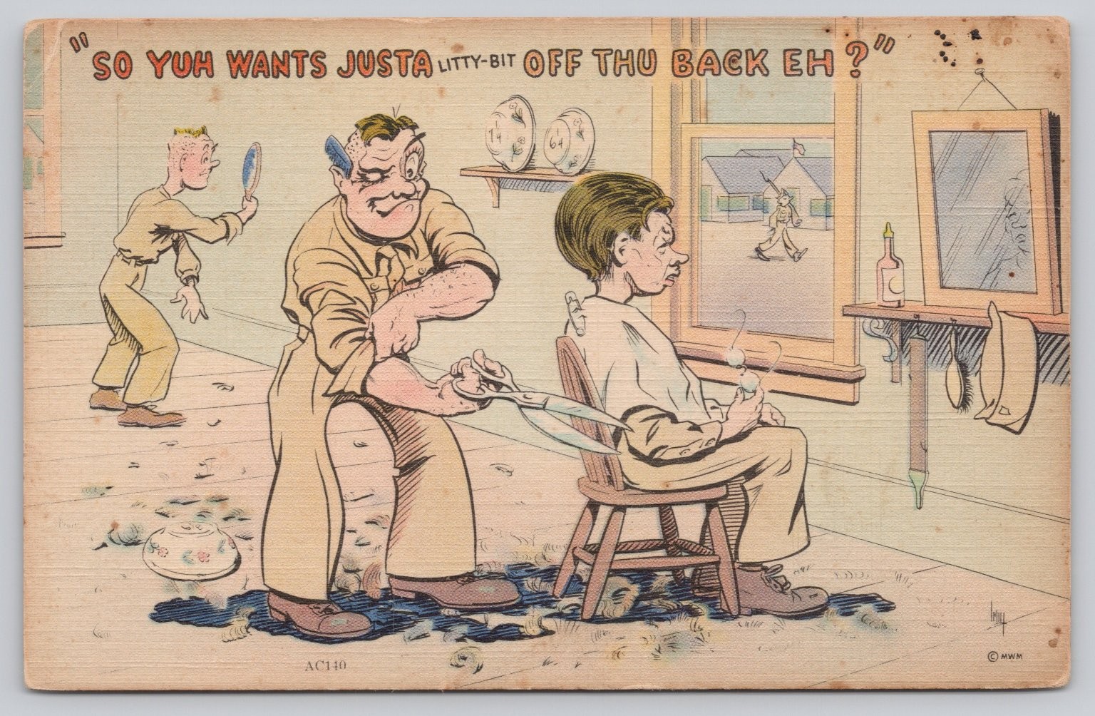 Vintage MWM Comic Postcard Barbershop Haircut ‘Litty-Bit Off Thu Back Eh?’
