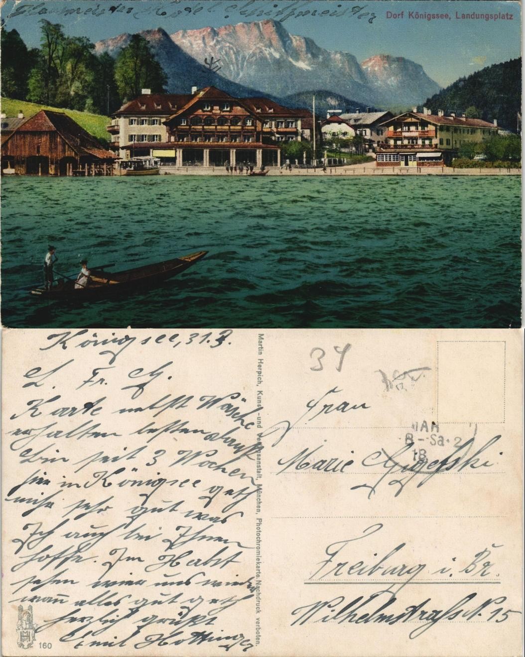 Postcard Schönau am Königssee Landingsplatz and Hotel 1918