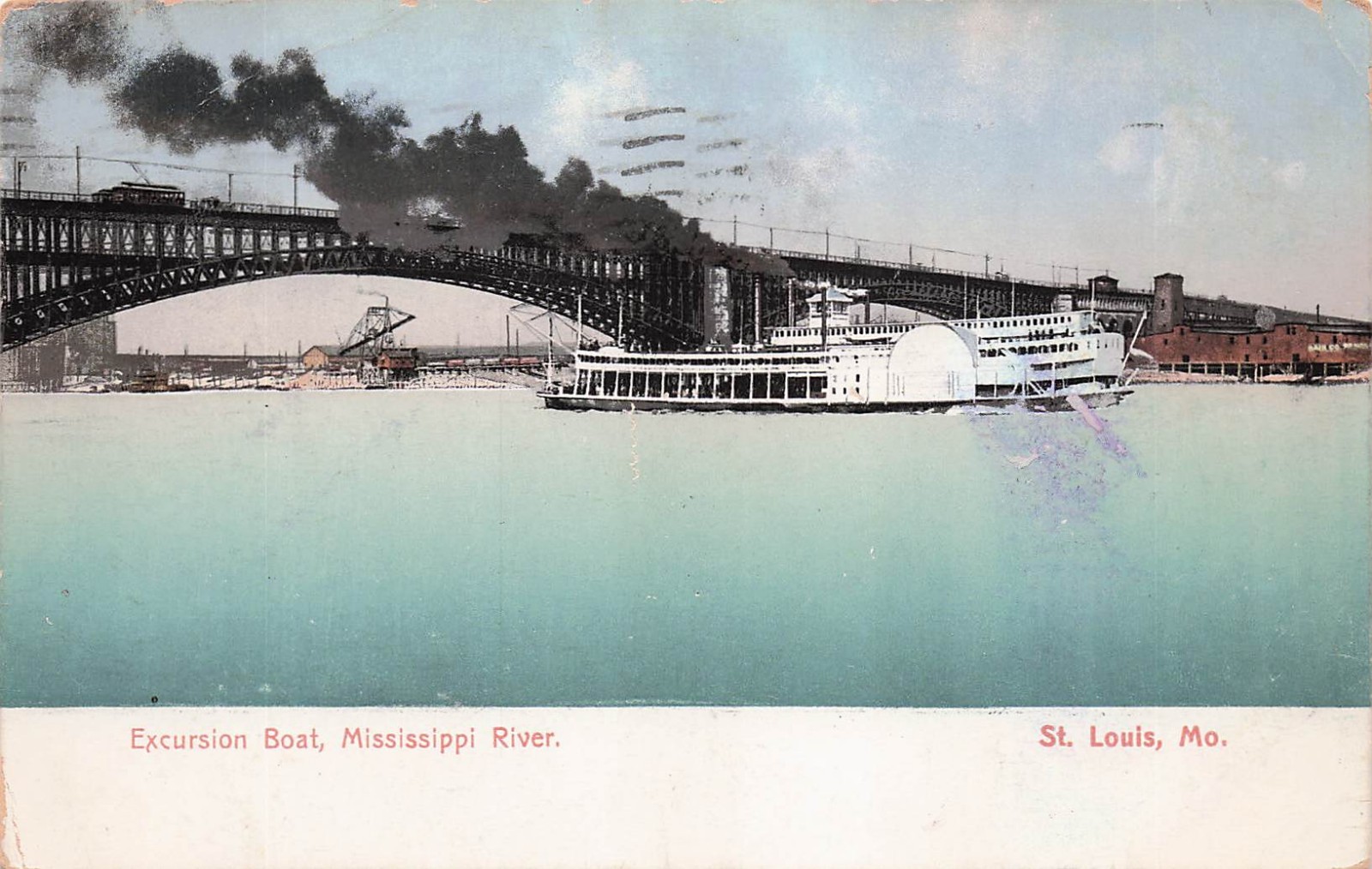 Steamer Boat Mississippi River St Louis MO Missouri Bridge Vtg Postcard J61