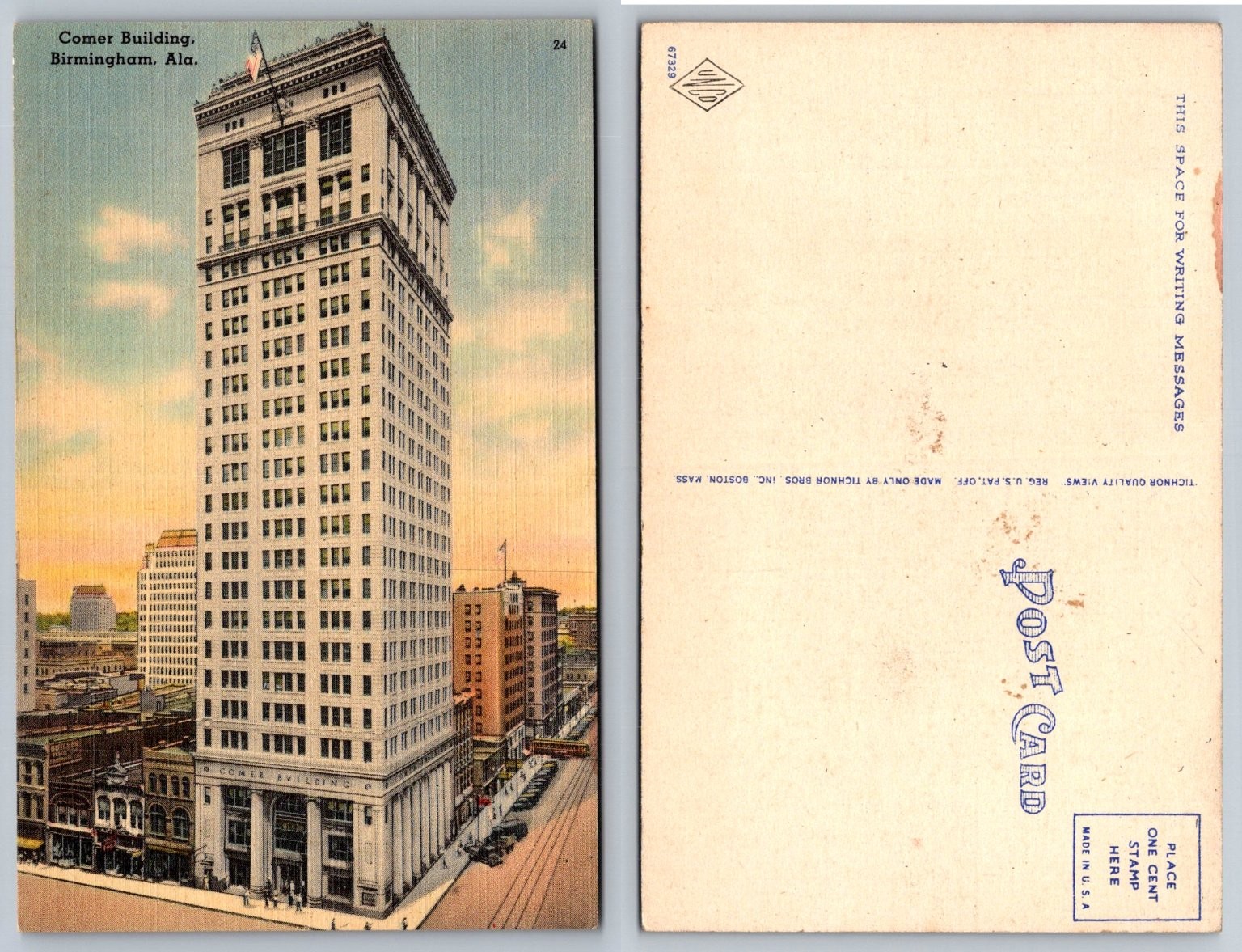 Comer Building Birmingham Alabama Linen Postcard Tichnor Bros Skyscraper