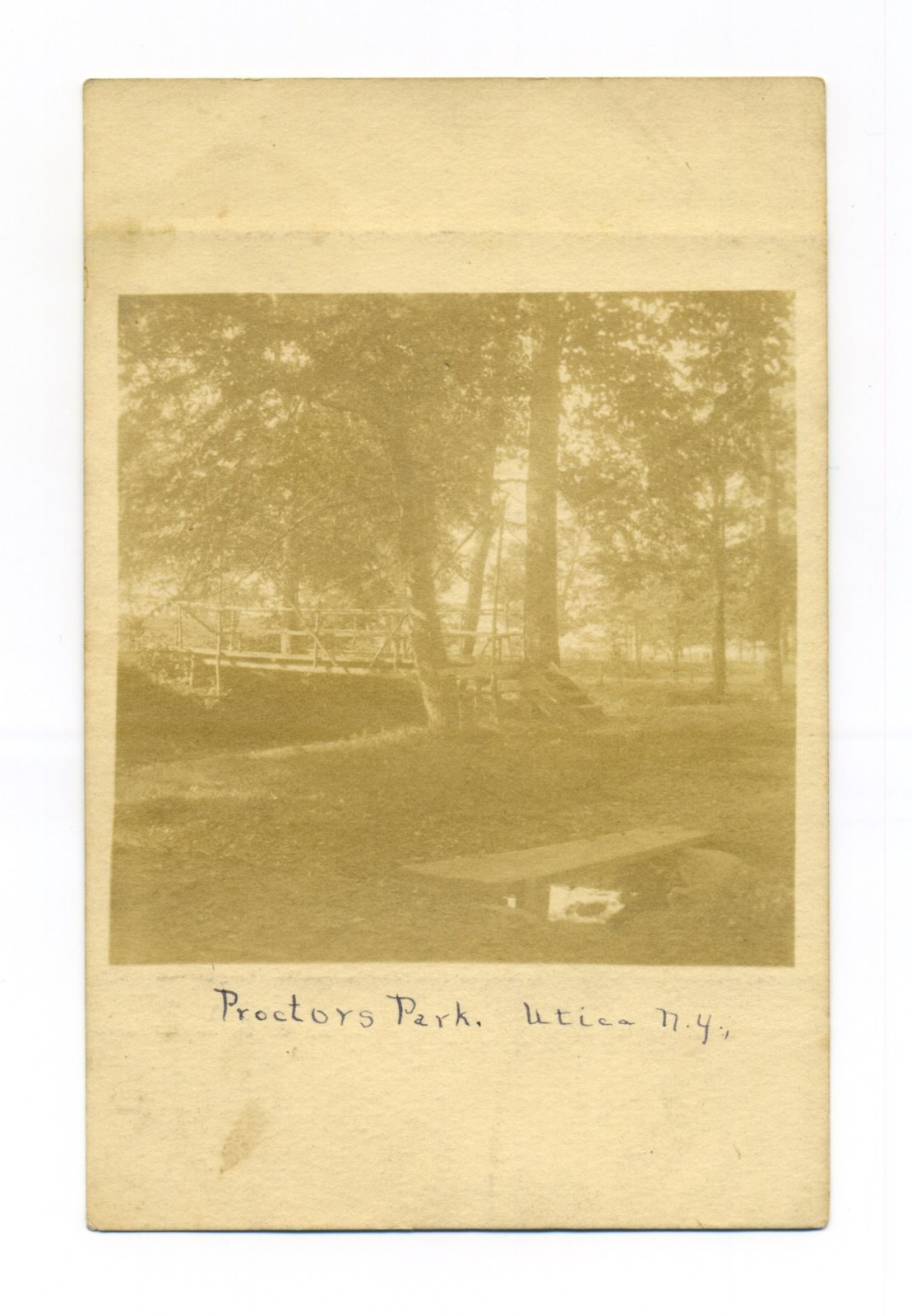 Utica NY, Proctors Park, Eastman’s Sepia Paper, rustic bridge, RPPC postcard