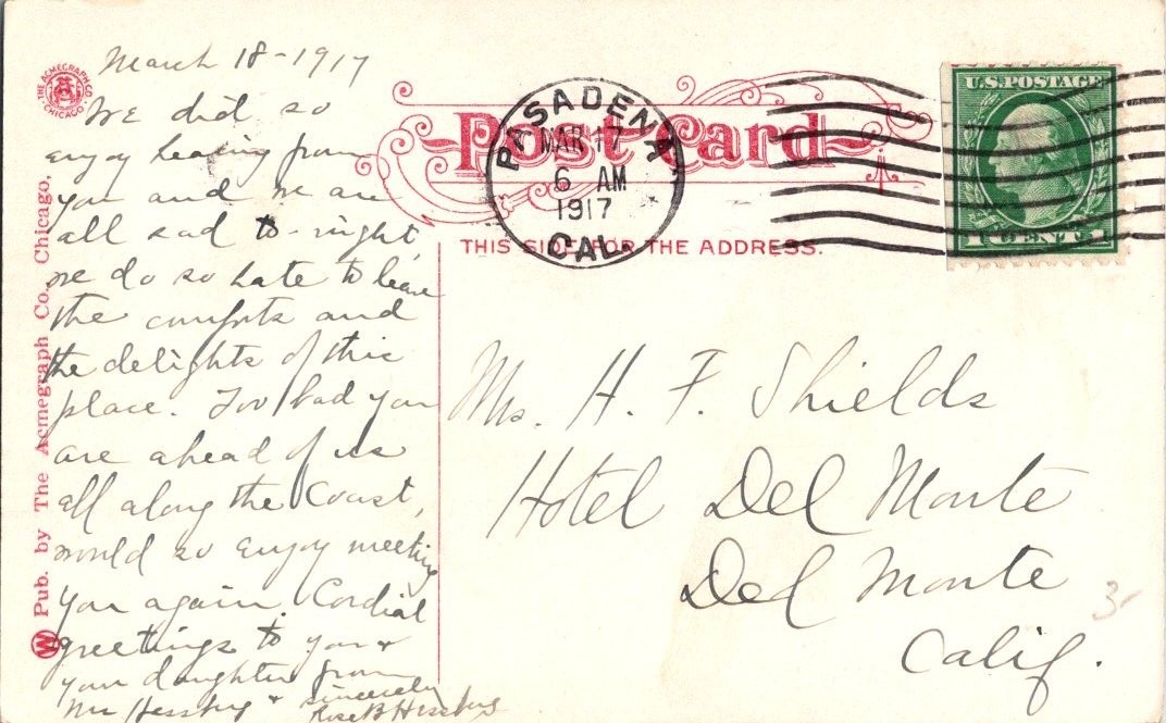 1917 Pasadena CA Maryland Hotel Raymond Ave Bridge Vintage Postcard Posted