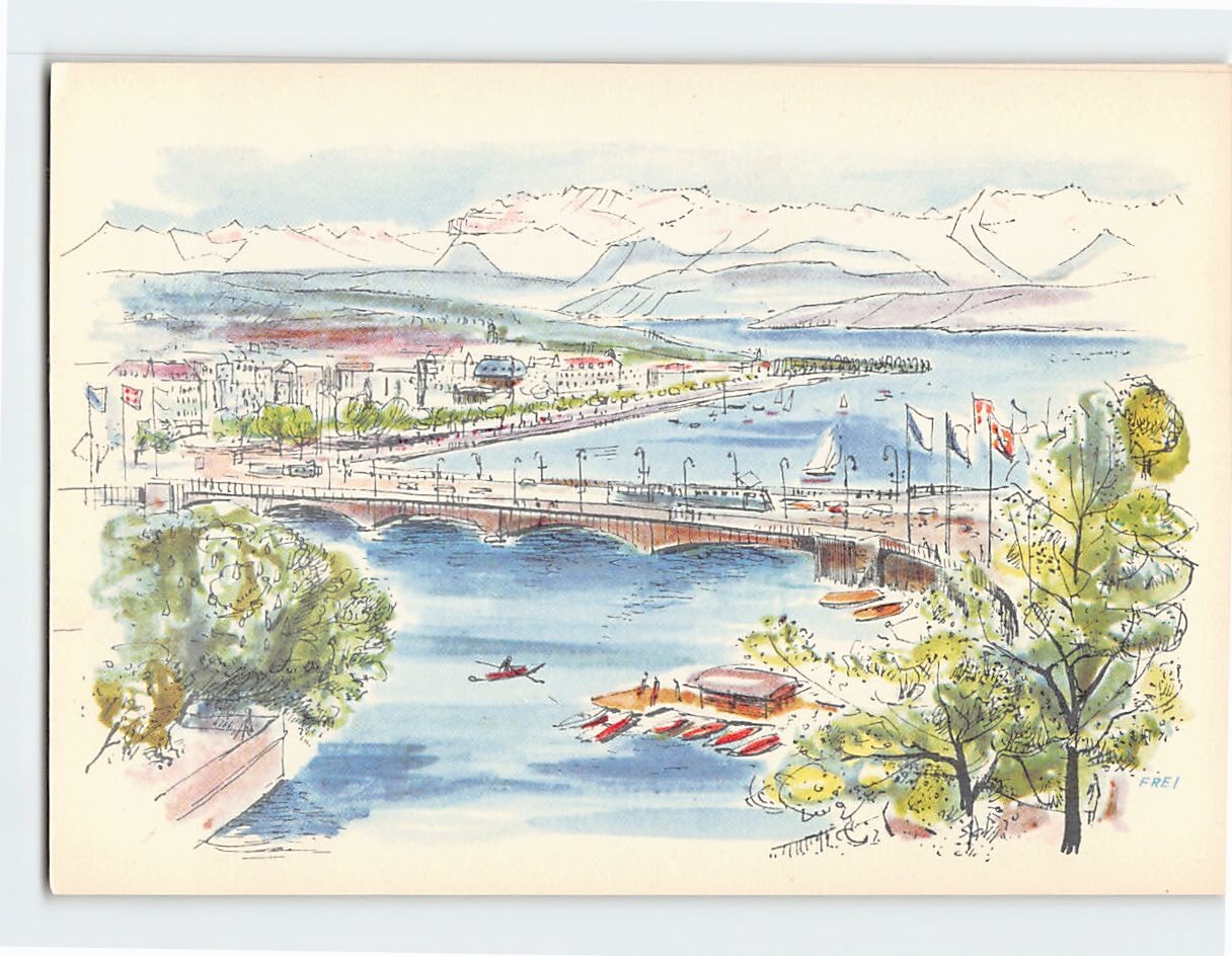 Postcard Quay side Bridge with the Alps Zürich Switzerland